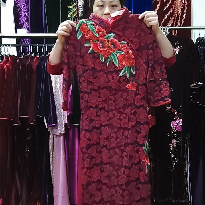 蕾丝长款改良旗袍奥黛裙xl码码小90-110内