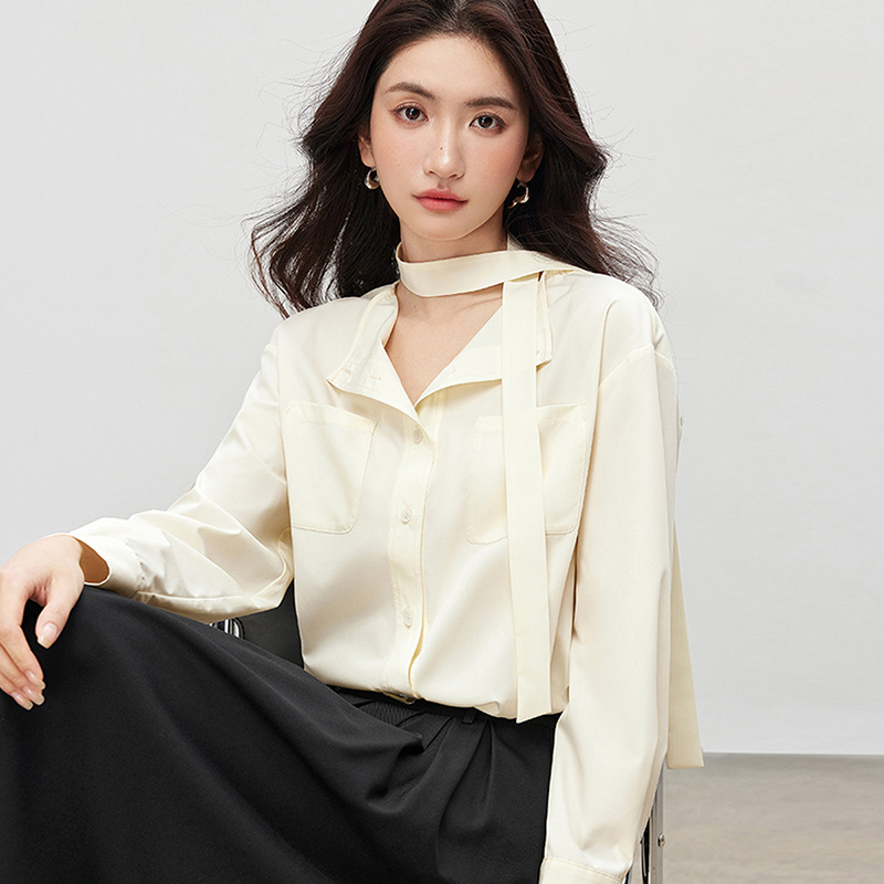 【朗文斯汀 旗舰同步】简约通勤飘带领衬衫2025春装三标齐全