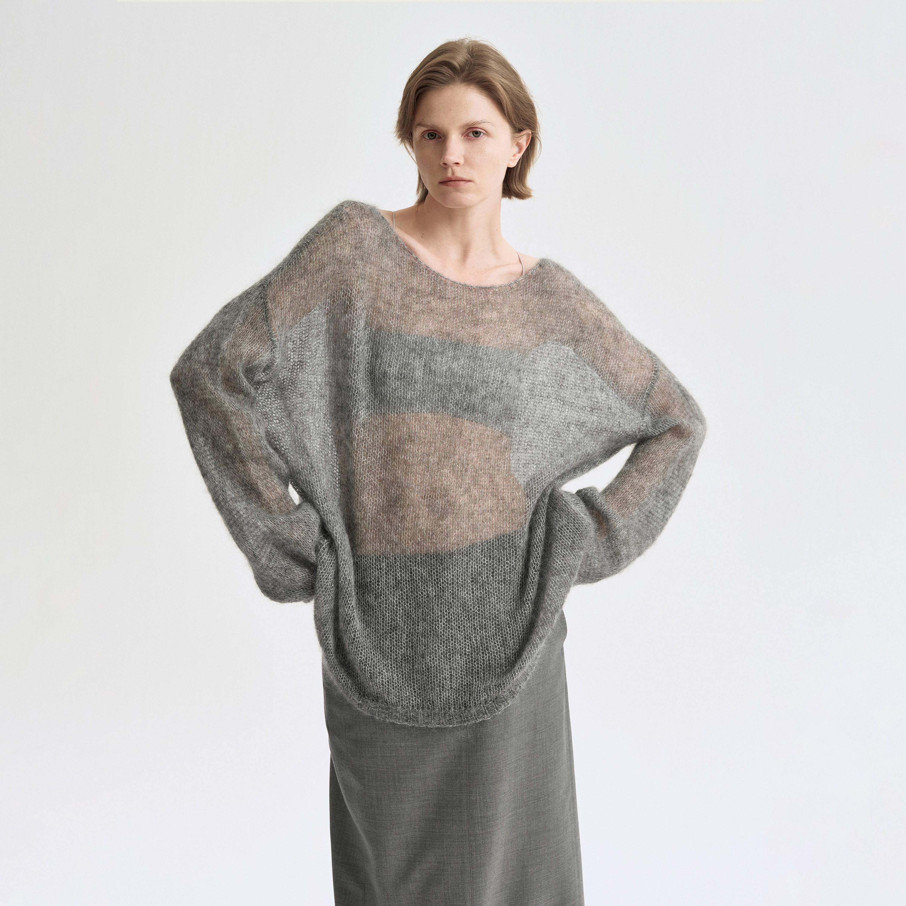 白弓BAIGONG/超幼马海毛氛围感微透镂空毛衣长袖上衣51577X