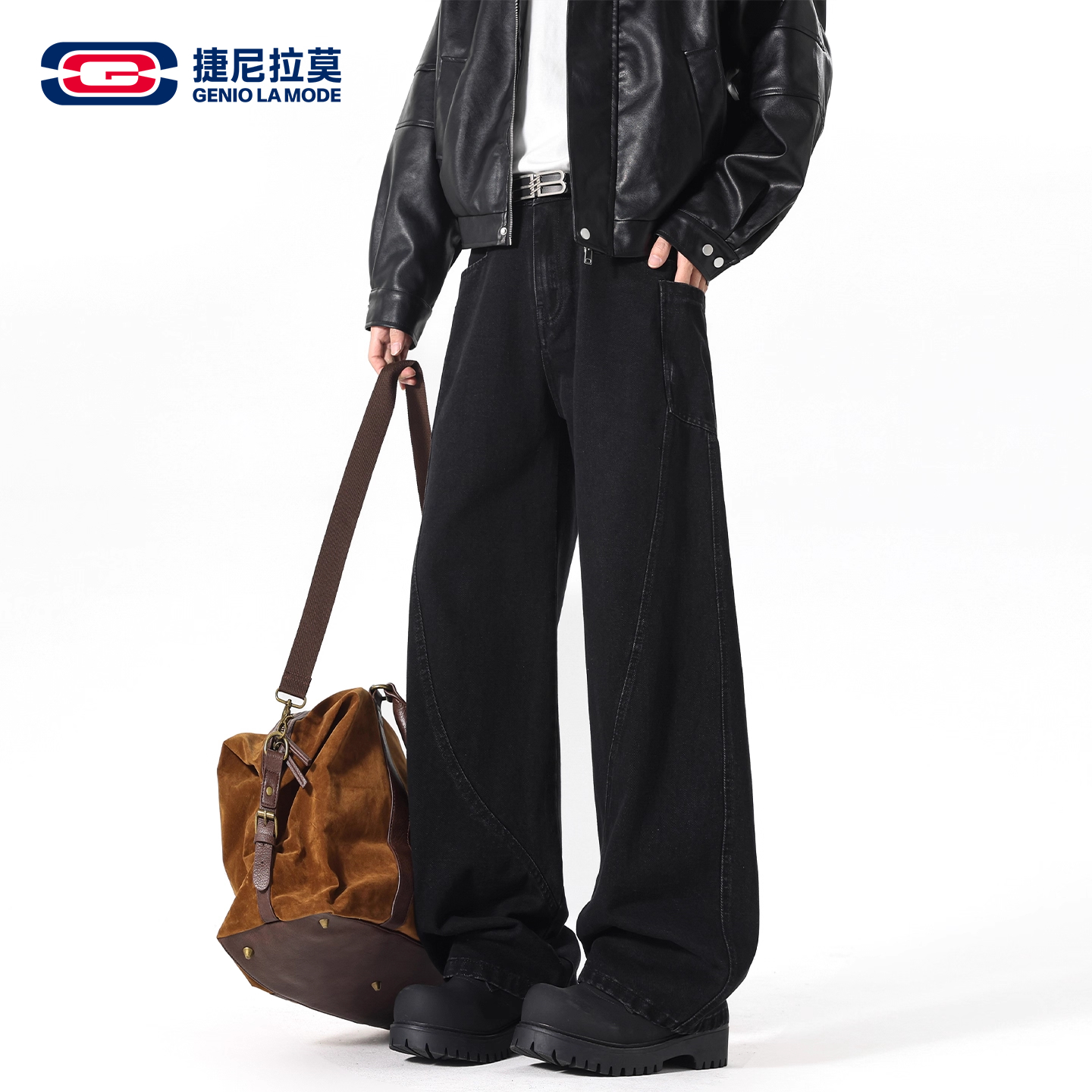 【敖瑞鹏代言】GENIOLAMODE复古水洗美式牛仔裤男秋冬款宽松弯刀裤