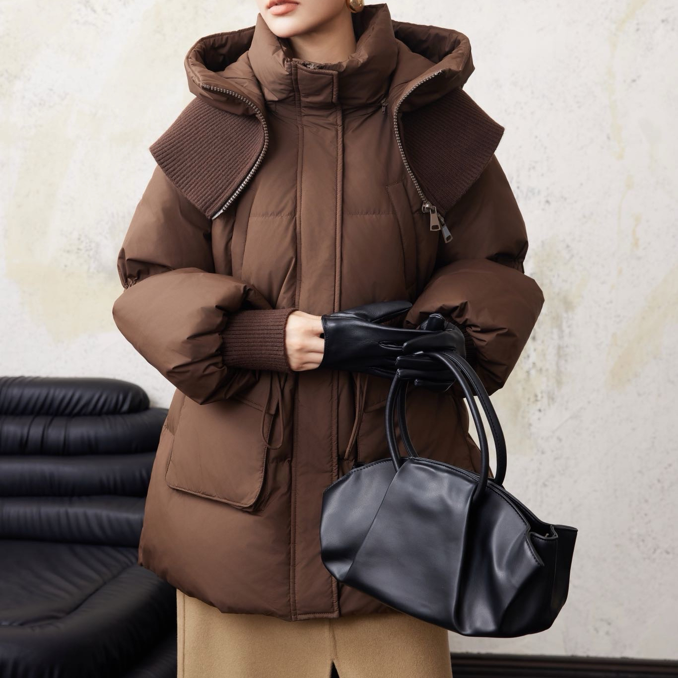 240026冬款宽松针织翻领可拆卸帽抽绳收腰中长款95白鸭绒羽绒服