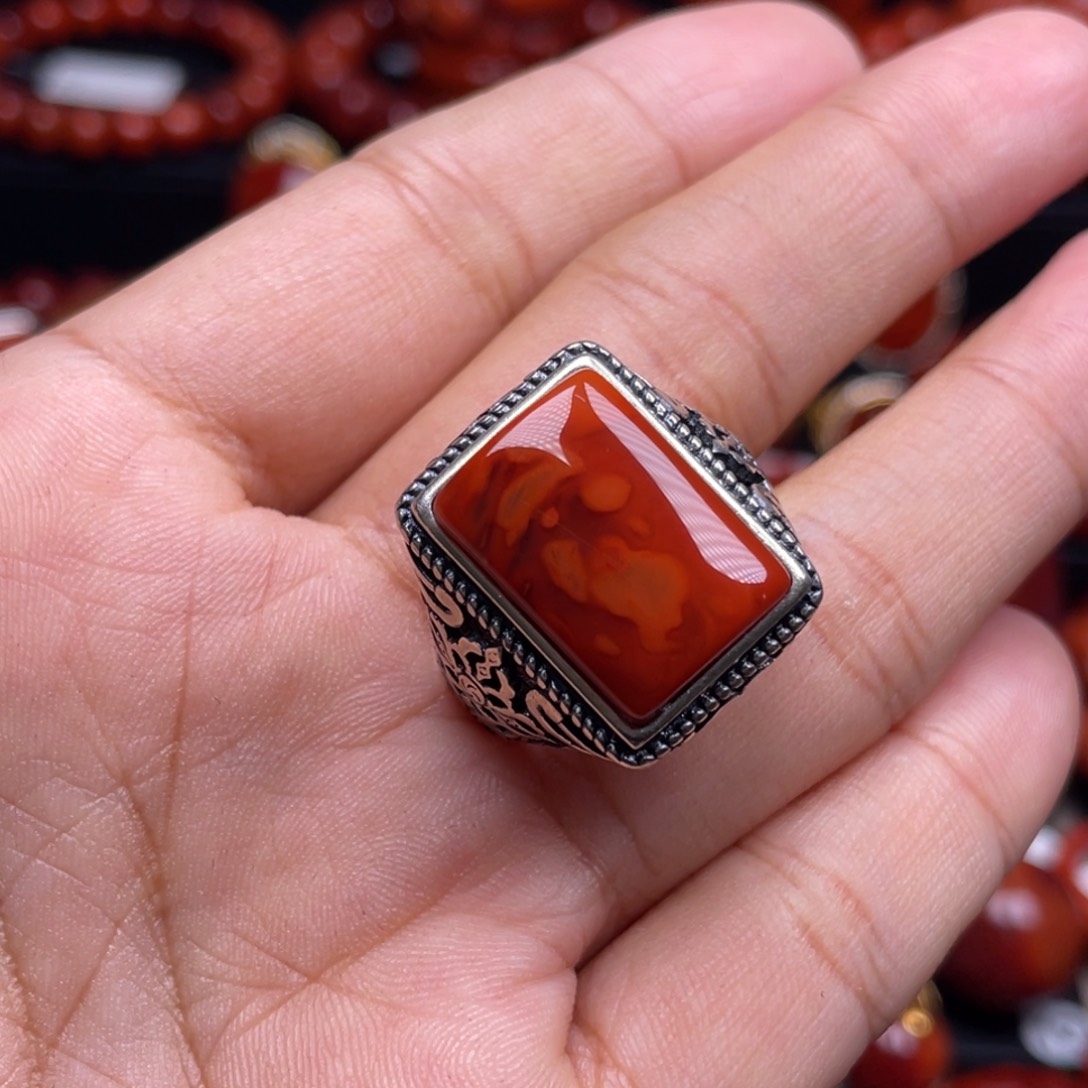 南红玛瑙珠宝奇石银S925镶嵌戒指