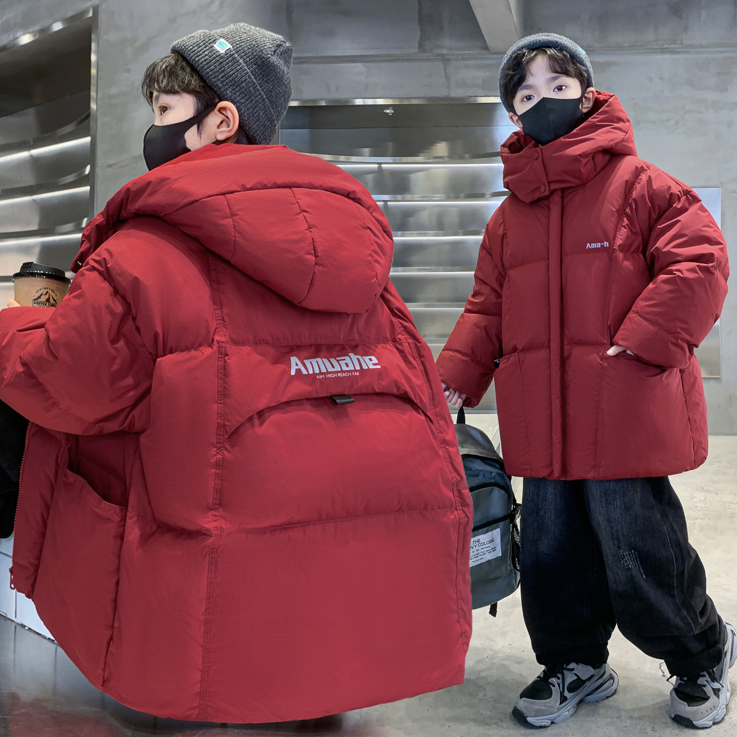 男童冬装红色棉衣连帽2026新款儿童冬季拜年服喜庆保暖加厚棉服潮