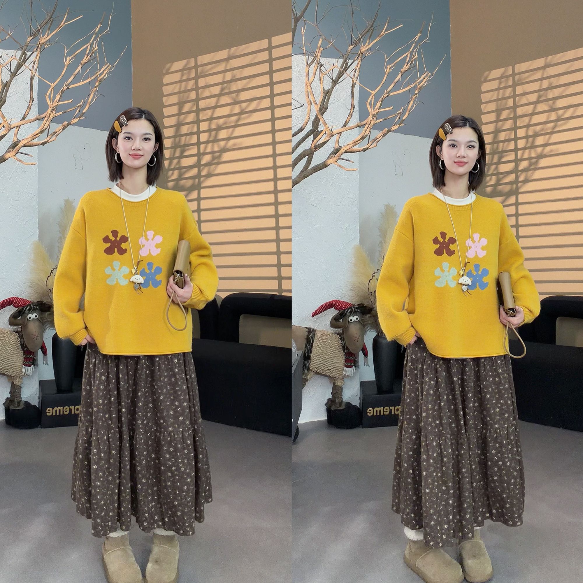 【SI MO】1612冬季新款韩系撞色小花加厚圆领毛衣