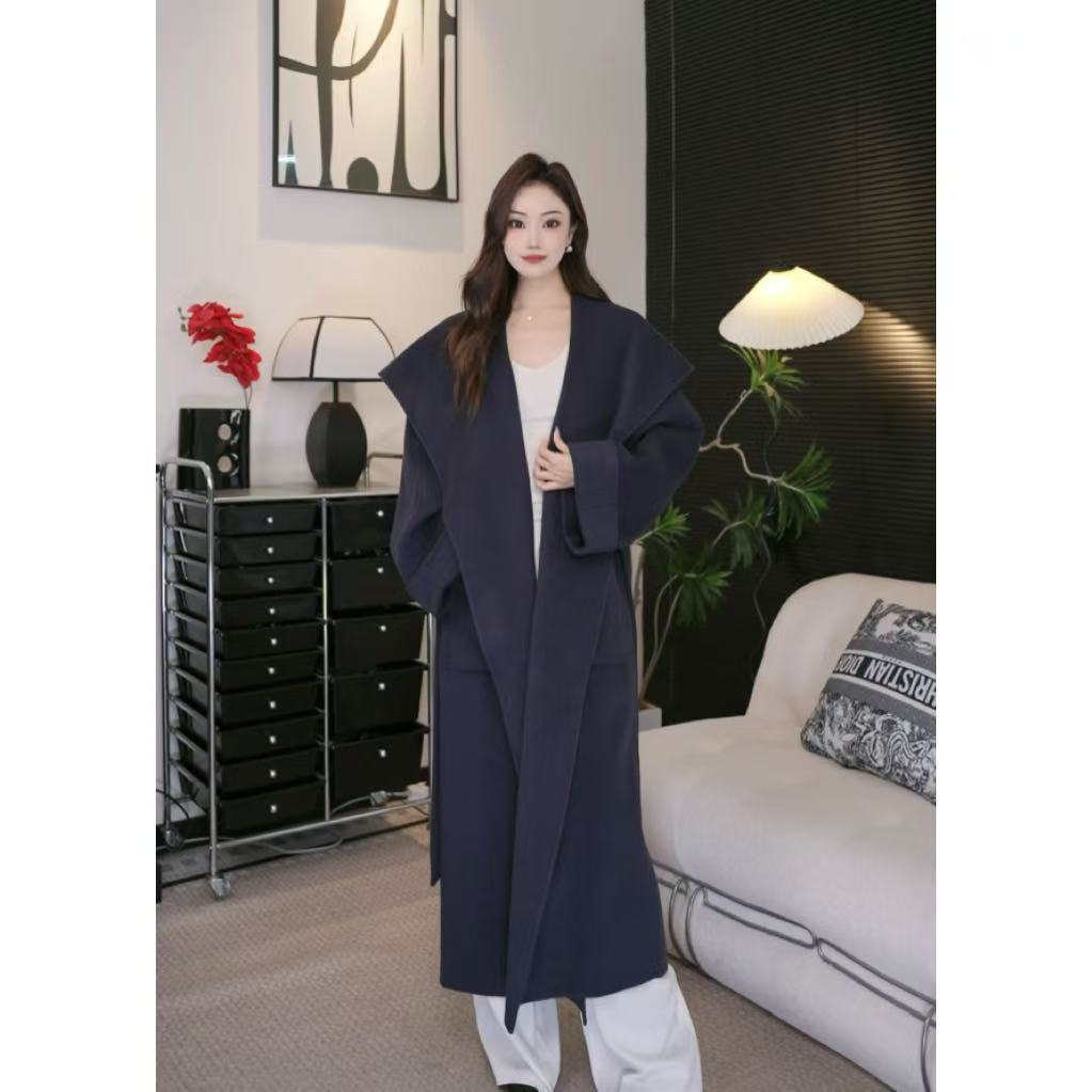 【七柒】高支羊毛时尚长款连帽双面呢全羊毛翻领浴袍大衣气质秋冬