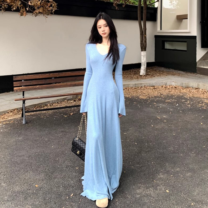【现货+运补】穿搭垂感针织杏色连衣裙女内搭打底裙v领长裙8069