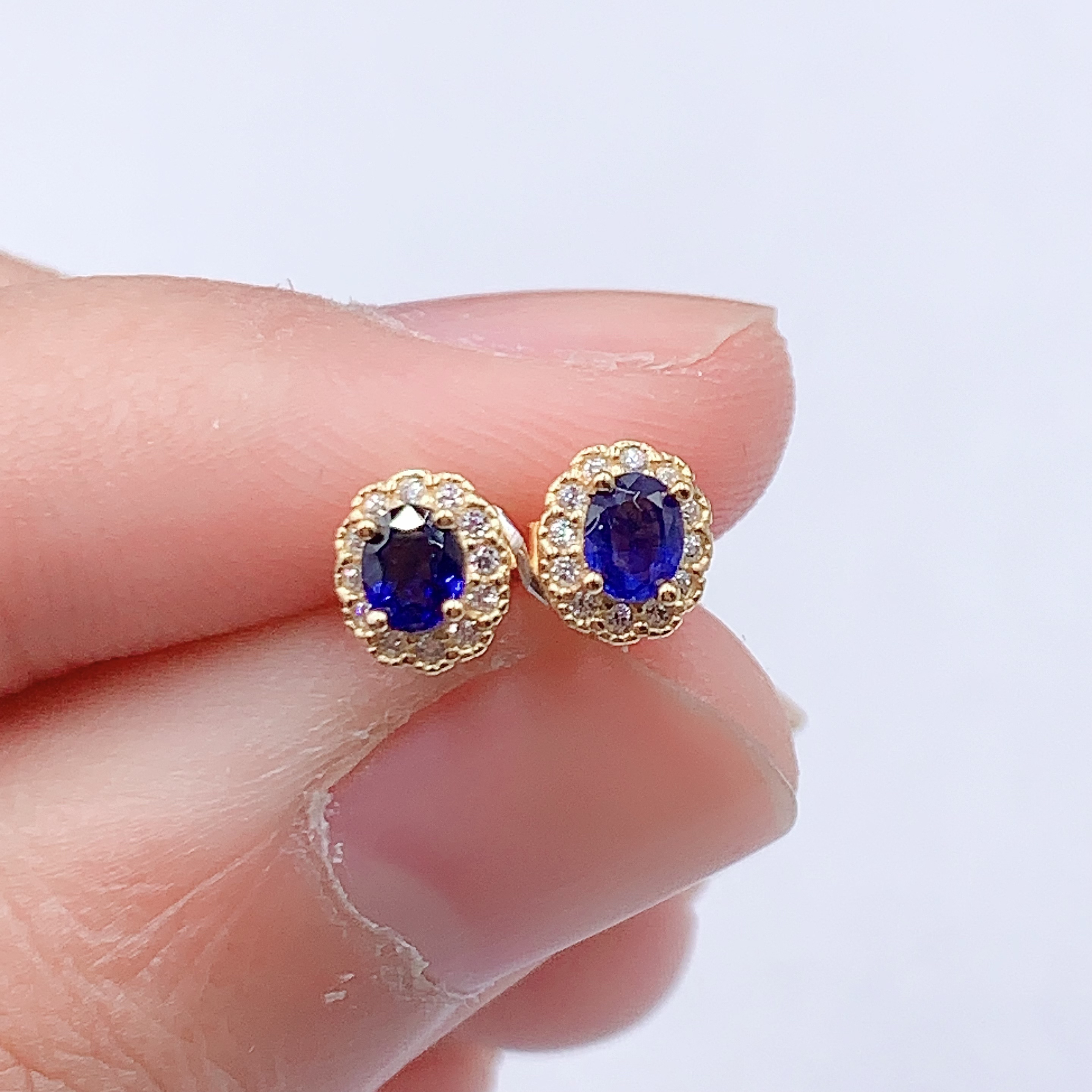 s925银天然蓝宝石耳钉小号花边女款3.2x4.1时尚版