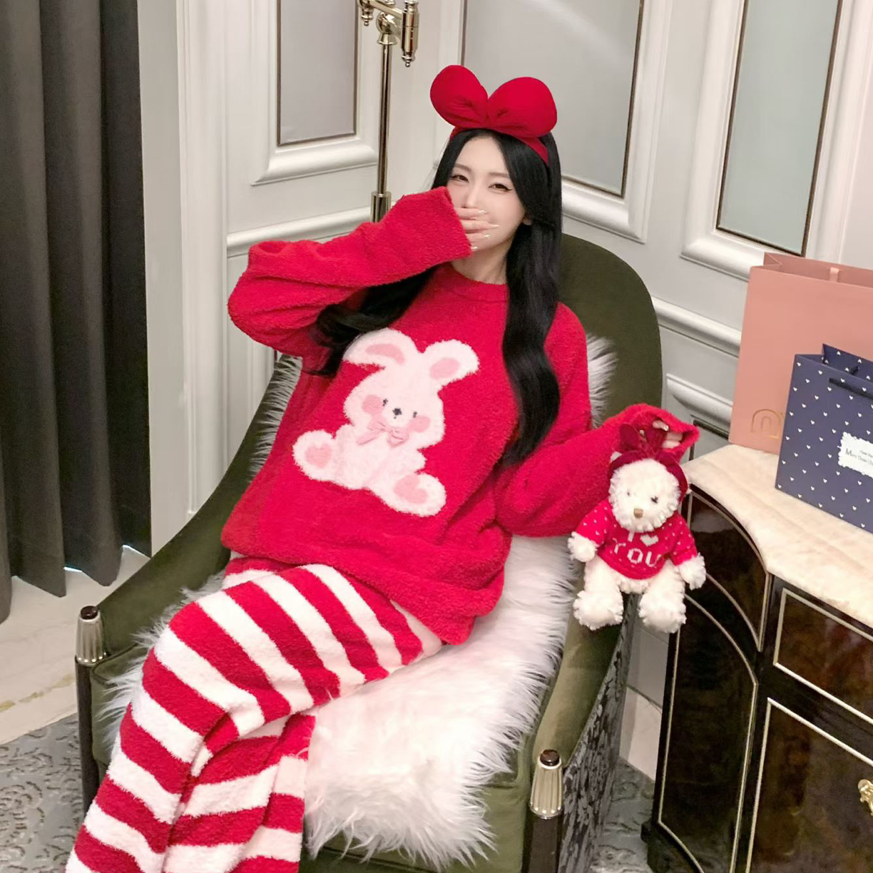 半边绒纷纷小兔睡衣女秋冬季加厚保暖可外穿家居服ALE