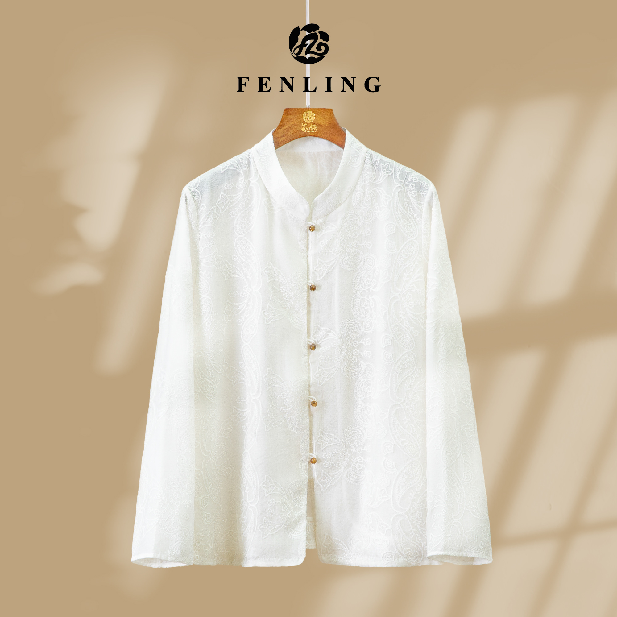  芬领-如意腰果-2025春季新中式桑蚕丝绣花提花衬衫长袖上衣SY192