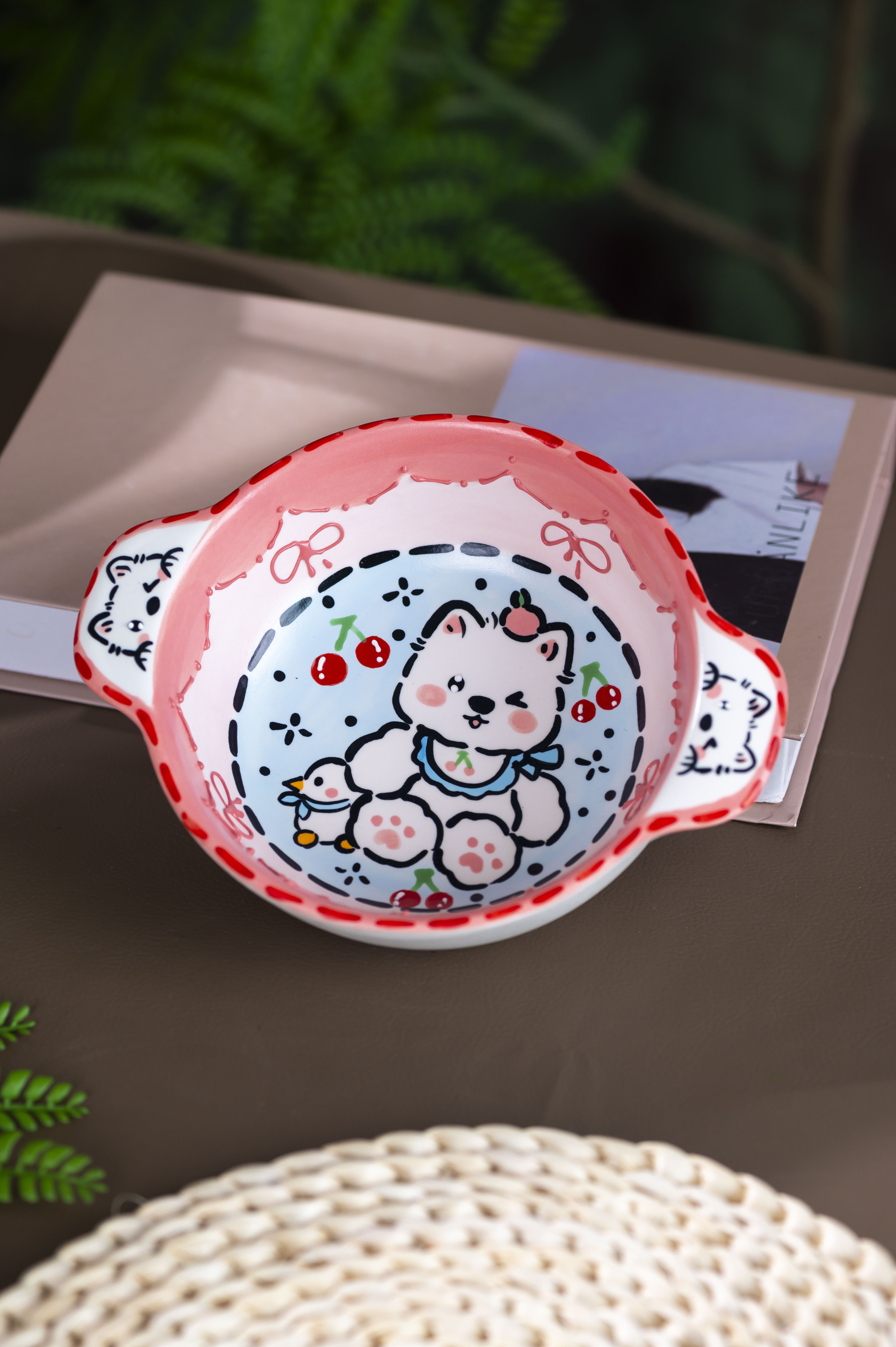 景德镇高温釉下彩手工手绘设计师款西高地粉色双耳碗
