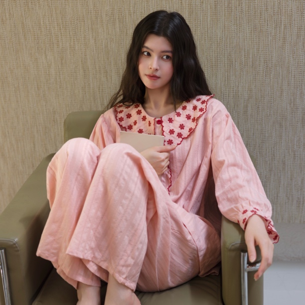 族玛士纯棉睡衣女士2025年新款春秋季长袖刺绣甜美秋冬家居服套装