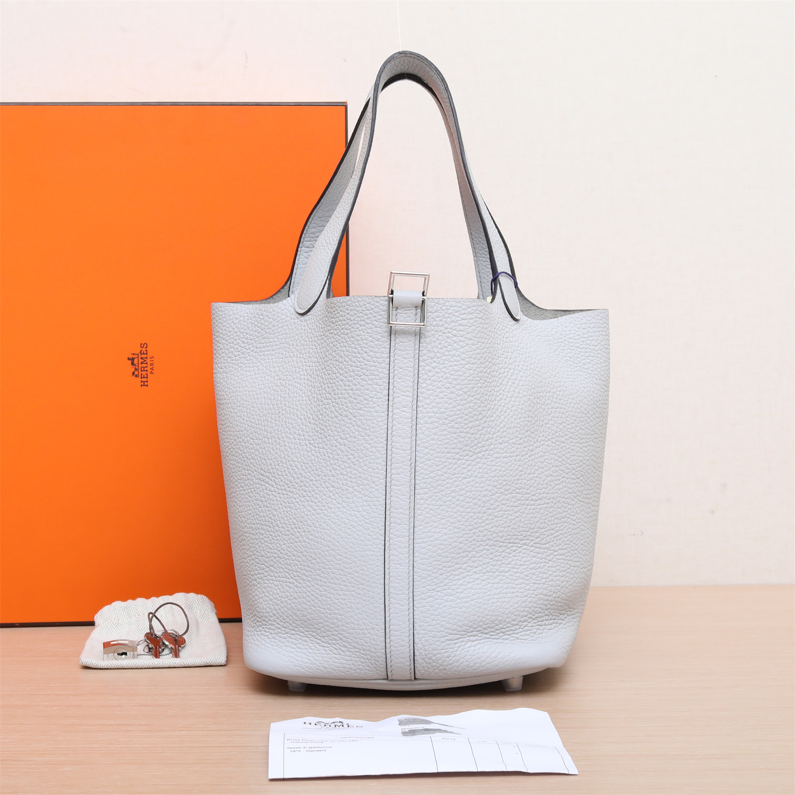 95新 Hermes/爱马仕 小花柳 菜篮子 22 圣杯蓝 TC皮 U刻 银扣