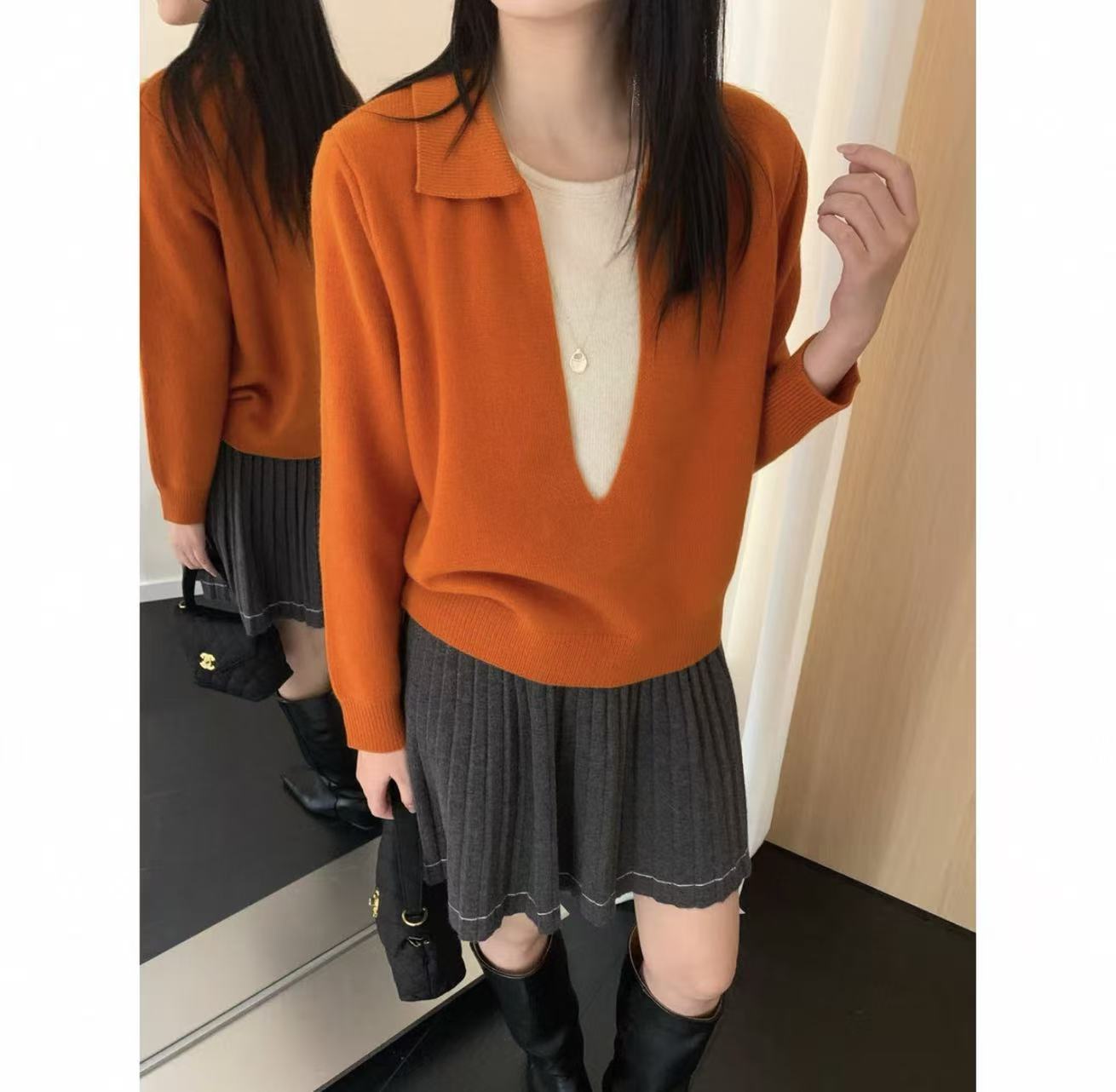 2025新款全羊毛假两件时尚休闲套头针织百搭显瘦上衣毛衣打底衫