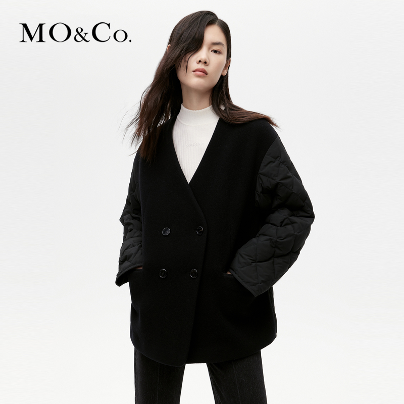 【达人专属】MOCO冬防寒V领双排扣菱格纹中长羽绒服MBC4EINT13