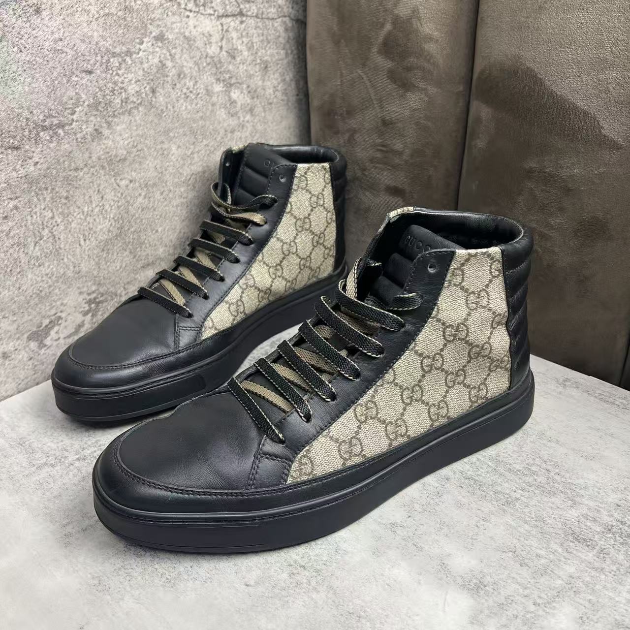 95新 GUCCI/古驰 棕色老花满印皮革百搭休闲高帮板鞋/多尺码