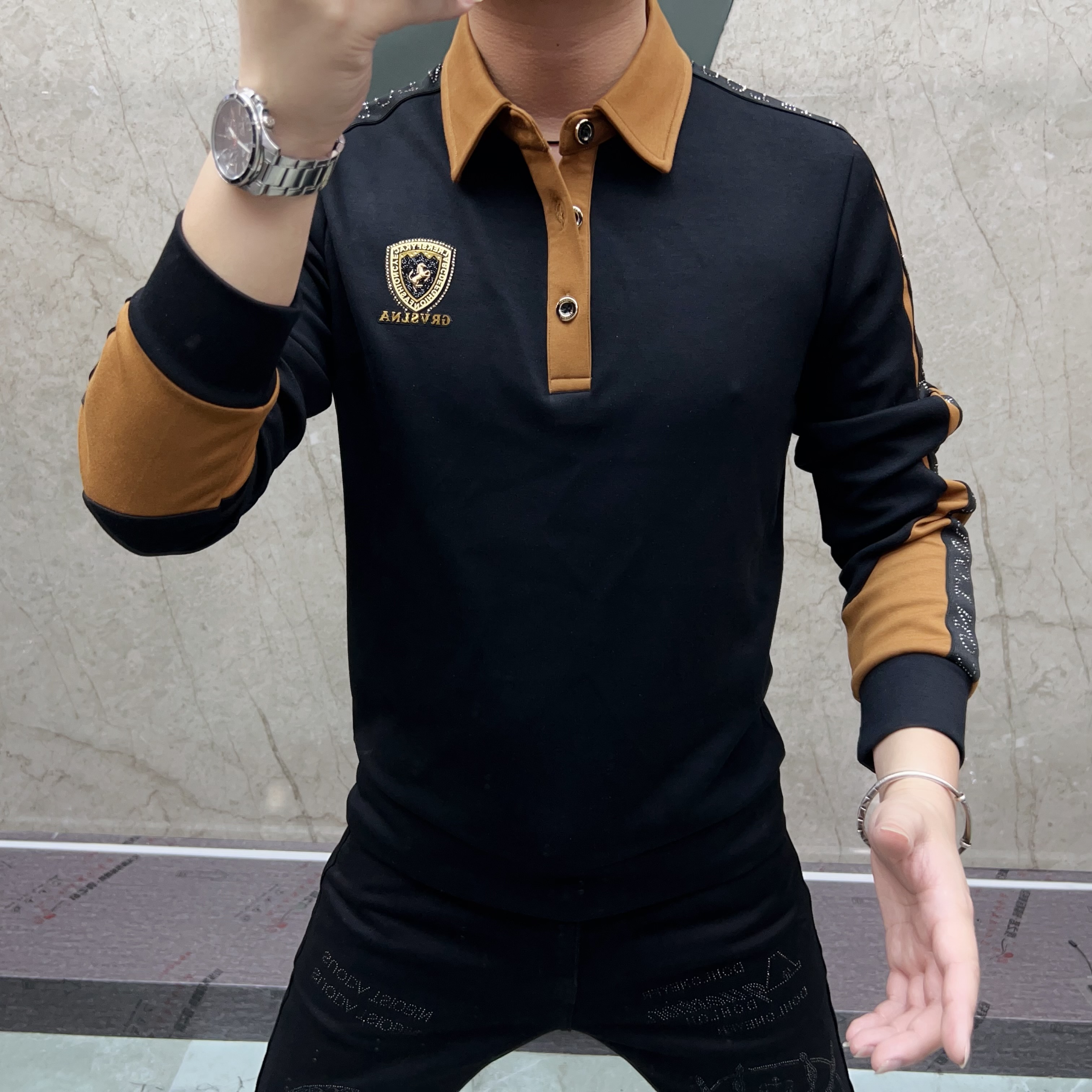 欧货男装时尚休闲商务翻领轻奢空气棉款百搭透气上衣秋潮流宽松型