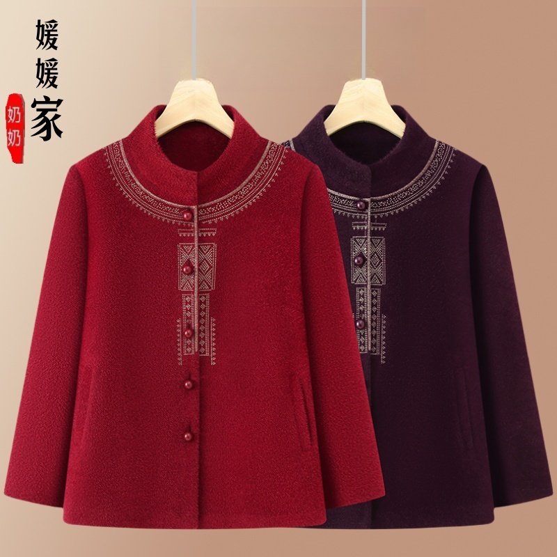 中老年外套秋冬季妈妈老太太50-60岁绣花加厚老人衣服奶奶上衣女