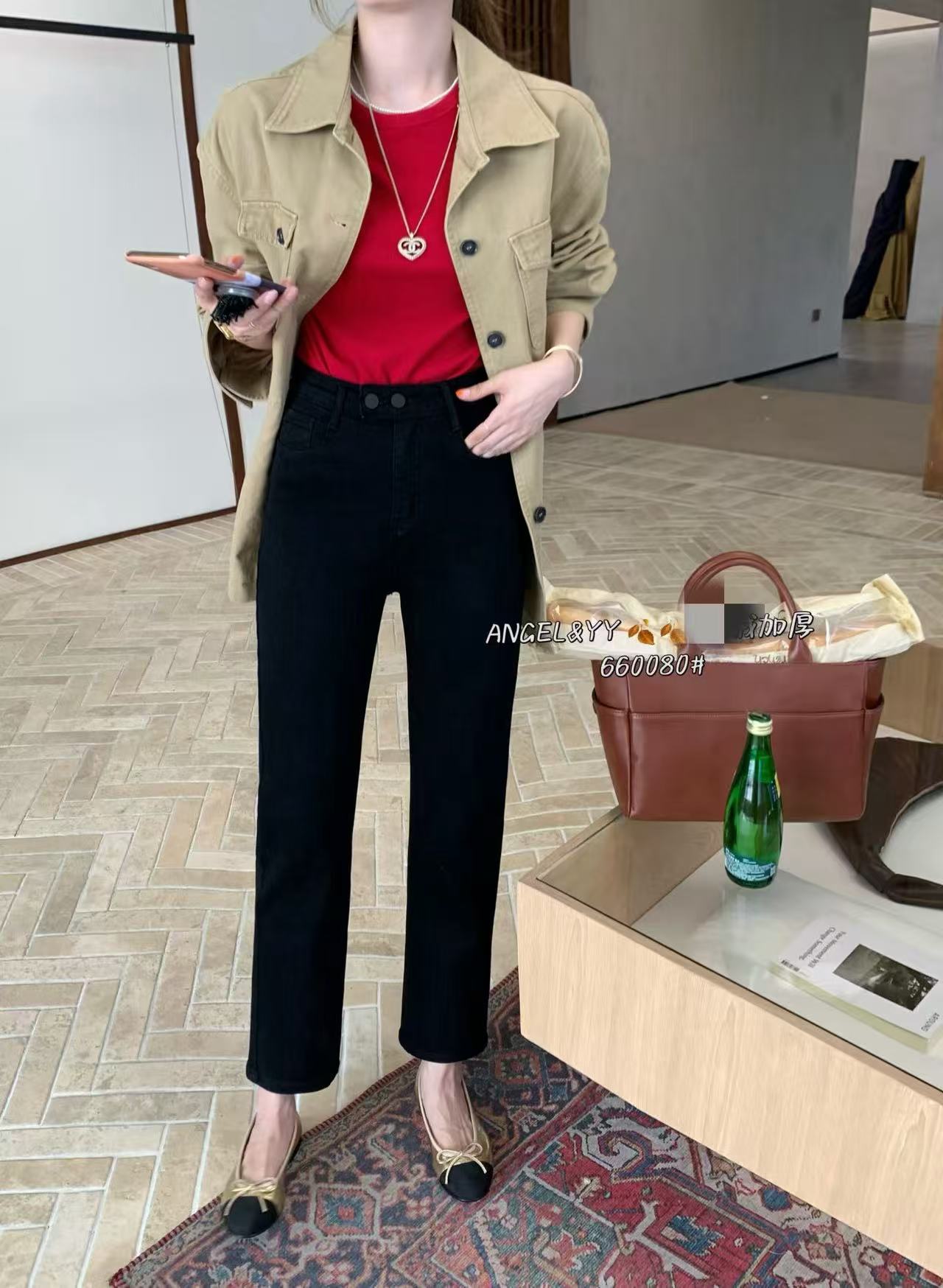 【菲菲家】新款复合绒百搭牛仔烟管裤660080