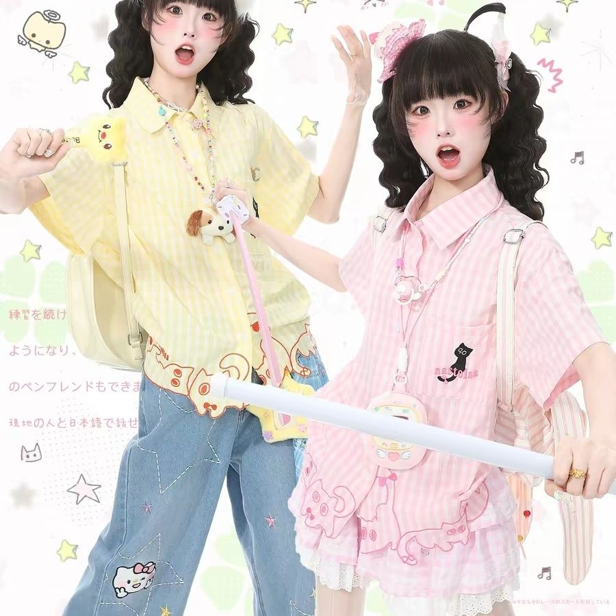洛丽塔内搭衬衫可爱风格子小猫刺绣Polo领衬衫女夏季宽松短袖衬衫