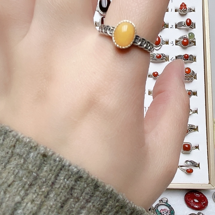 蜜蜡戒指银S925镶嵌天然