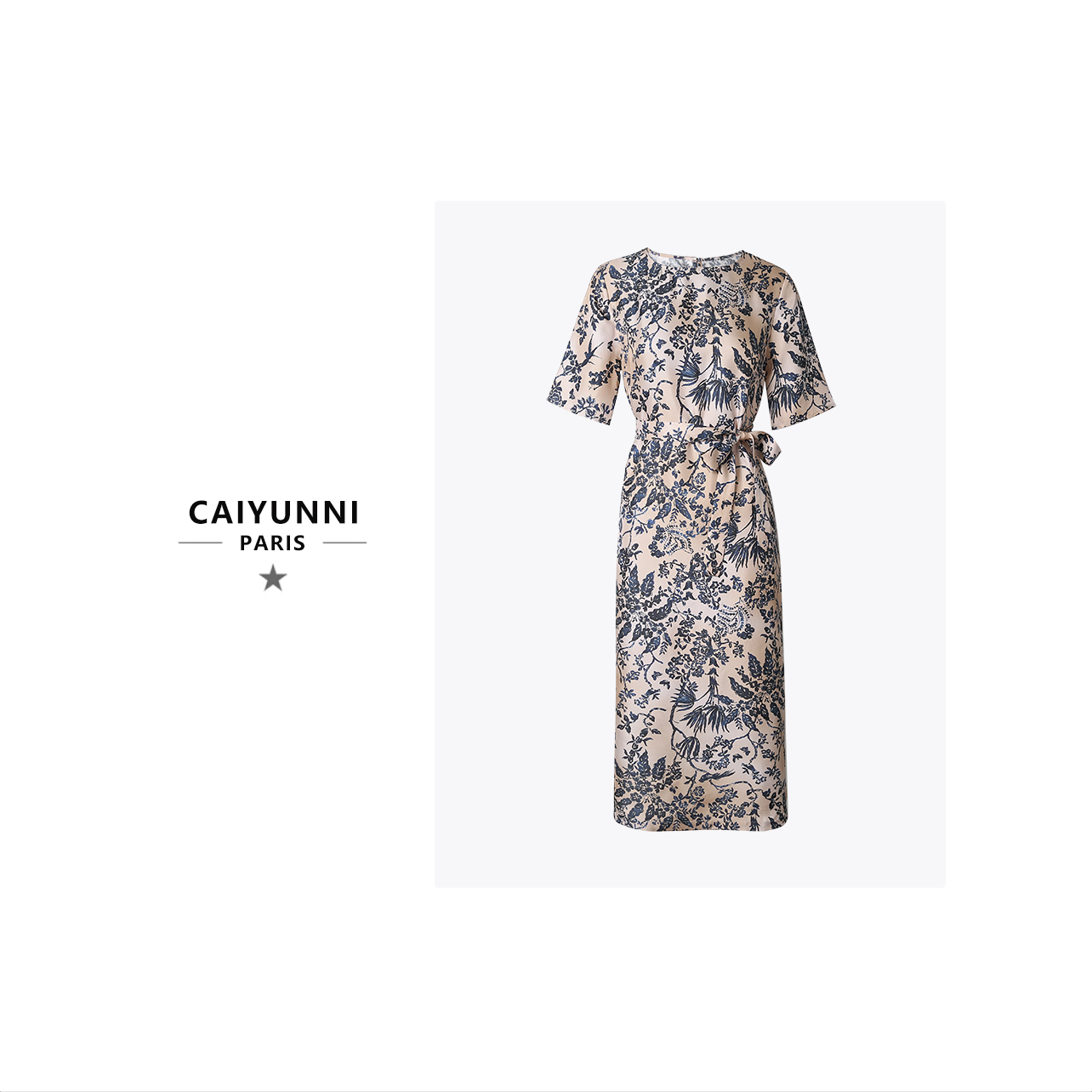 百分百桑蚕丝斜纹绸轻奢气质圆领收腰提花连衣裙ZY5368