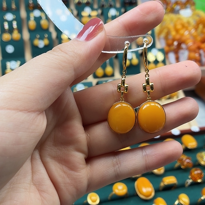 琥珀银S925镶嵌耳饰