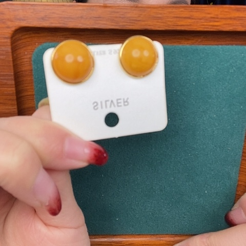 蜜蜡耳饰银S925镶嵌耳钉