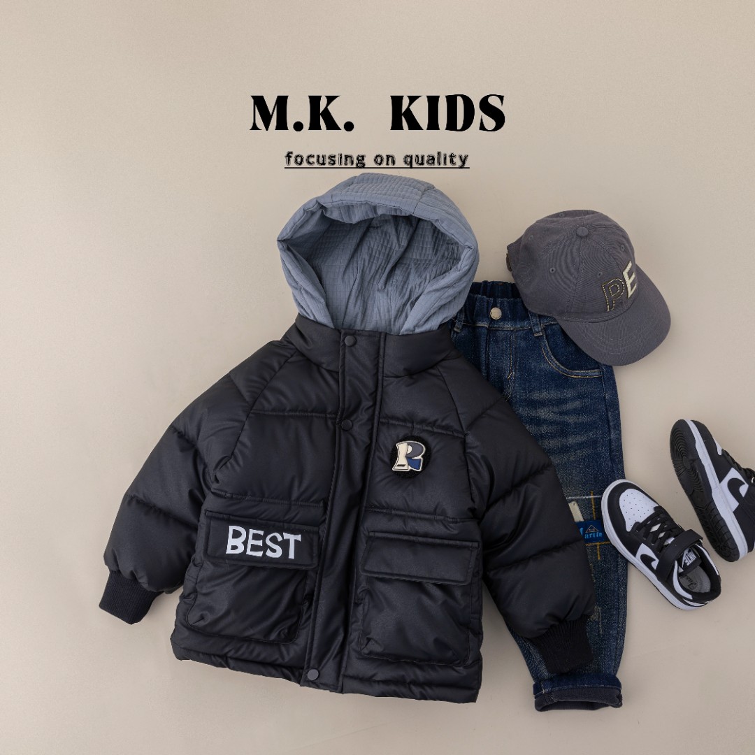 MK现货【黑精灵】儿童冬中长款仿皮棉服黑色加厚棉外套DV70102