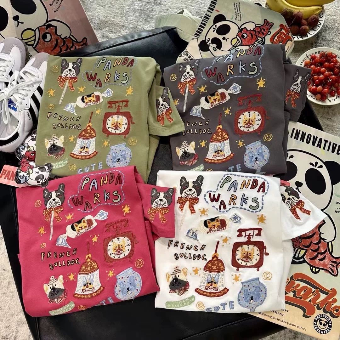 朵儿定制 蝴蝶结小狗刺绣宽松圆领T恤HL94