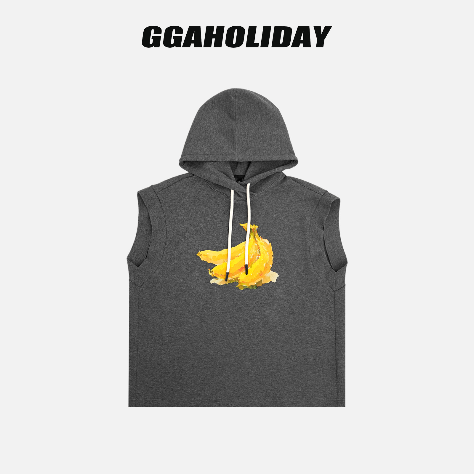 【上新】GGAHOLIDAY美式时尚宽松潮流无袖印花灰色连帽马甲-154076