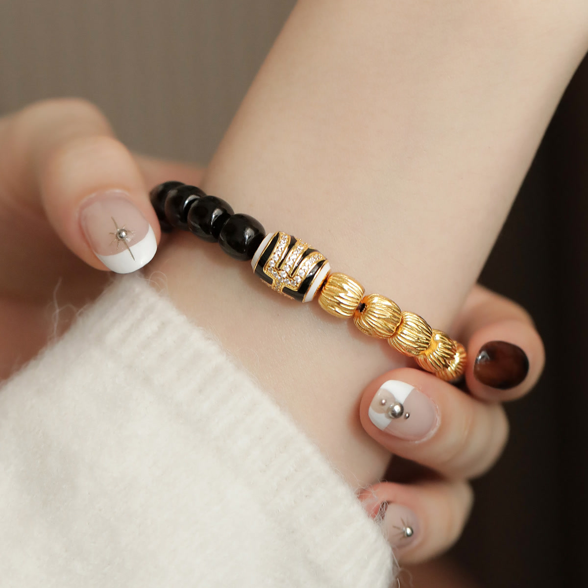 925银木质手链 S12320椰蒂桶珠金色珠六字真言弹力手串民族风手链