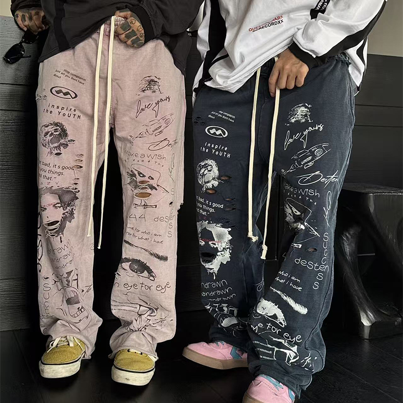 白鹤大人美式破洞涂鸦印花直筒卫裤情侣款秋季百搭宽松运动休闲裤