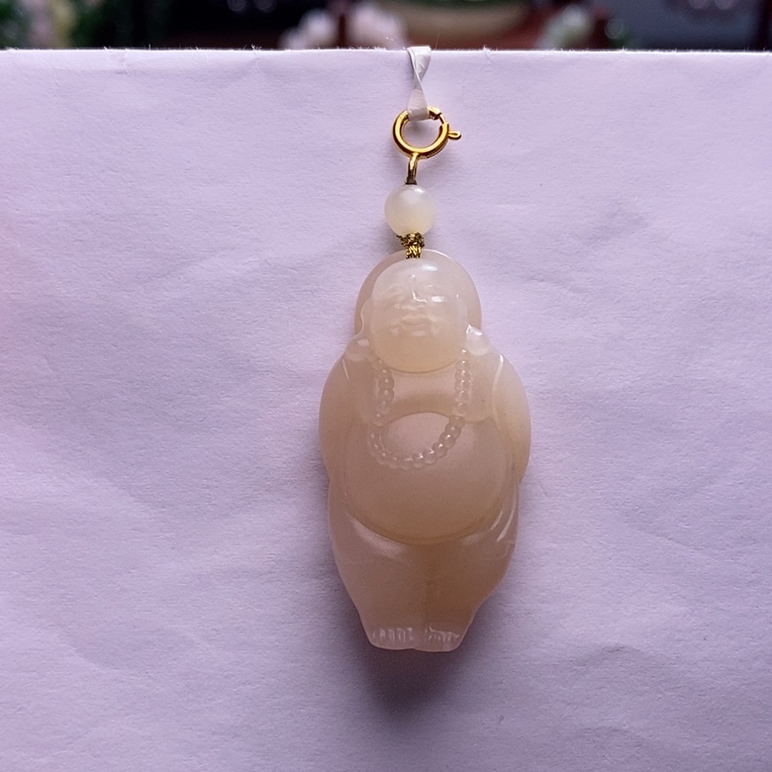 和田玉未镶嵌红藕粉金镶佛公吊坠