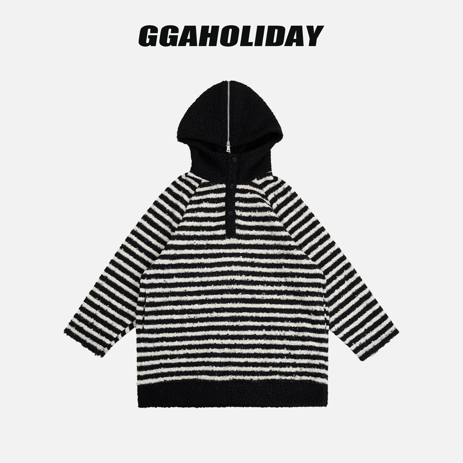 GGAHOLIDAY时尚复古宽松休闲毛绒黑白条纹连帽加绒卫衣-154233