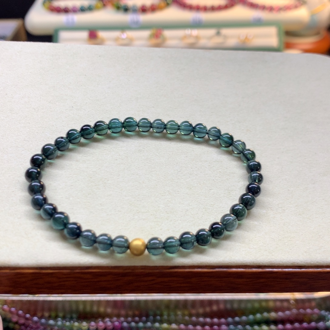 手串18K金镶嵌碧玺老矿蓝碧玺5mm