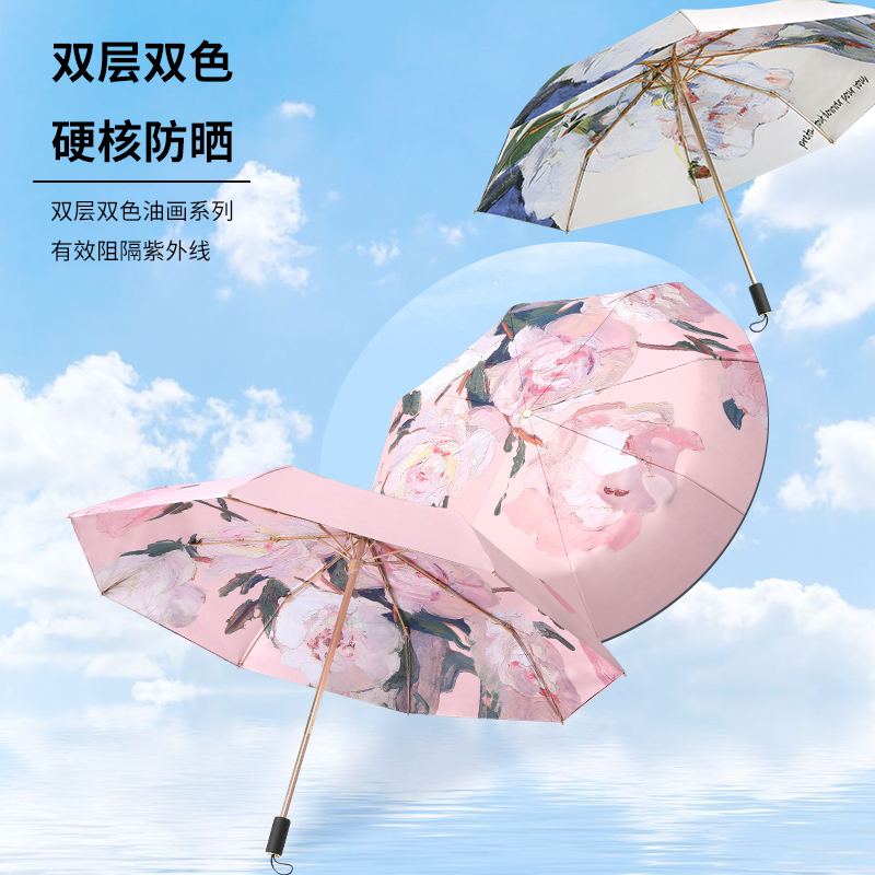 【双层金杆晴雨伞】印花女士防晒遮阳伞防紫外线折叠黑胶两用便携伞