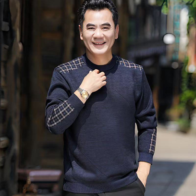 中老年爸爸加厚毛衣秋冬保暖长袖宽松圆领套头男士针织衫