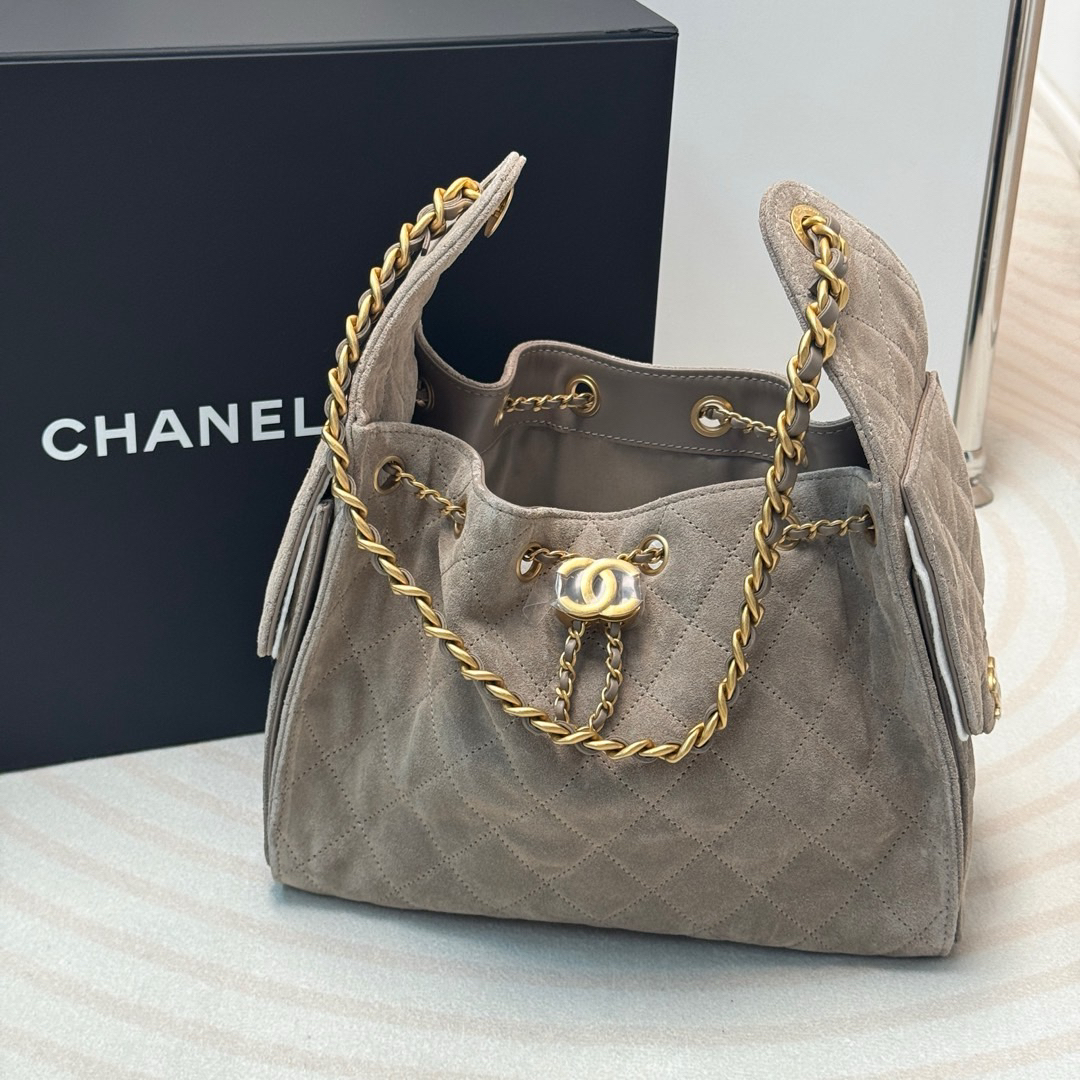 95新 Chanel/香奈儿 深灰色 金扣 麂皮 25bag小号/601779342