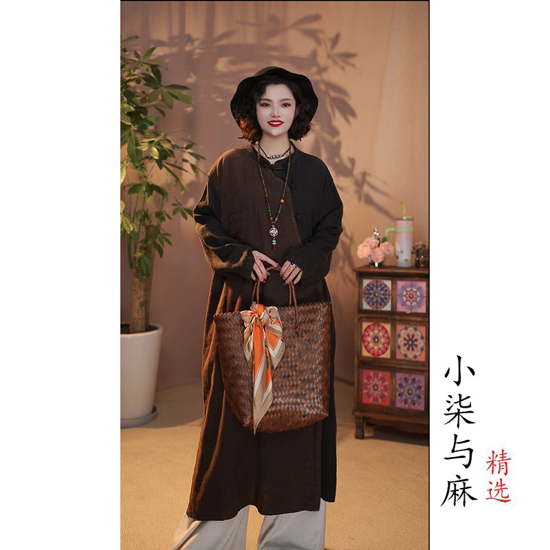 【小柒与麻】AB拼接炒色福字汉麻长款裙袍（衣长112胸围138）咖黑色