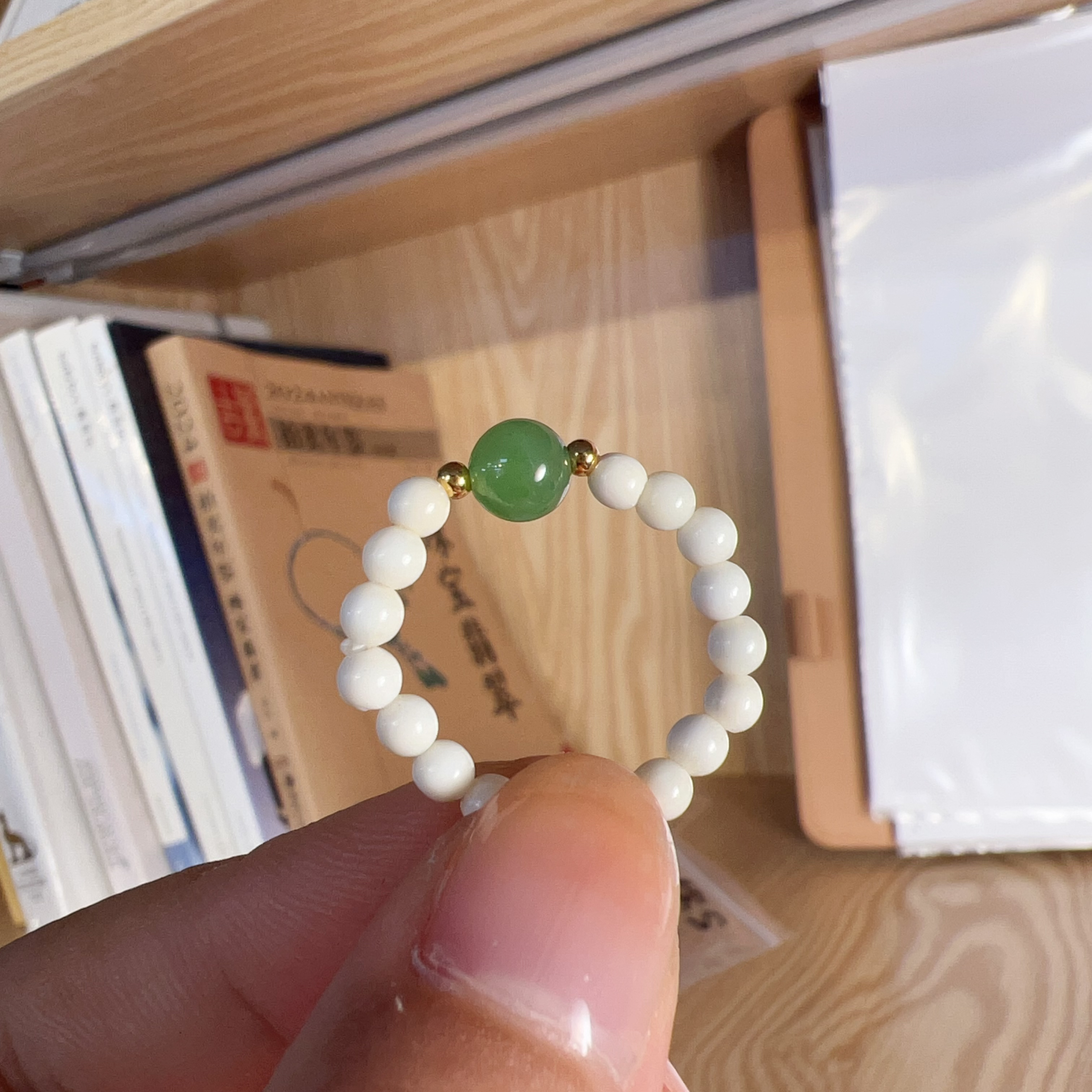 S925银3mm天然猛犸牙碧玉戒指弹力绳均码多样性发一