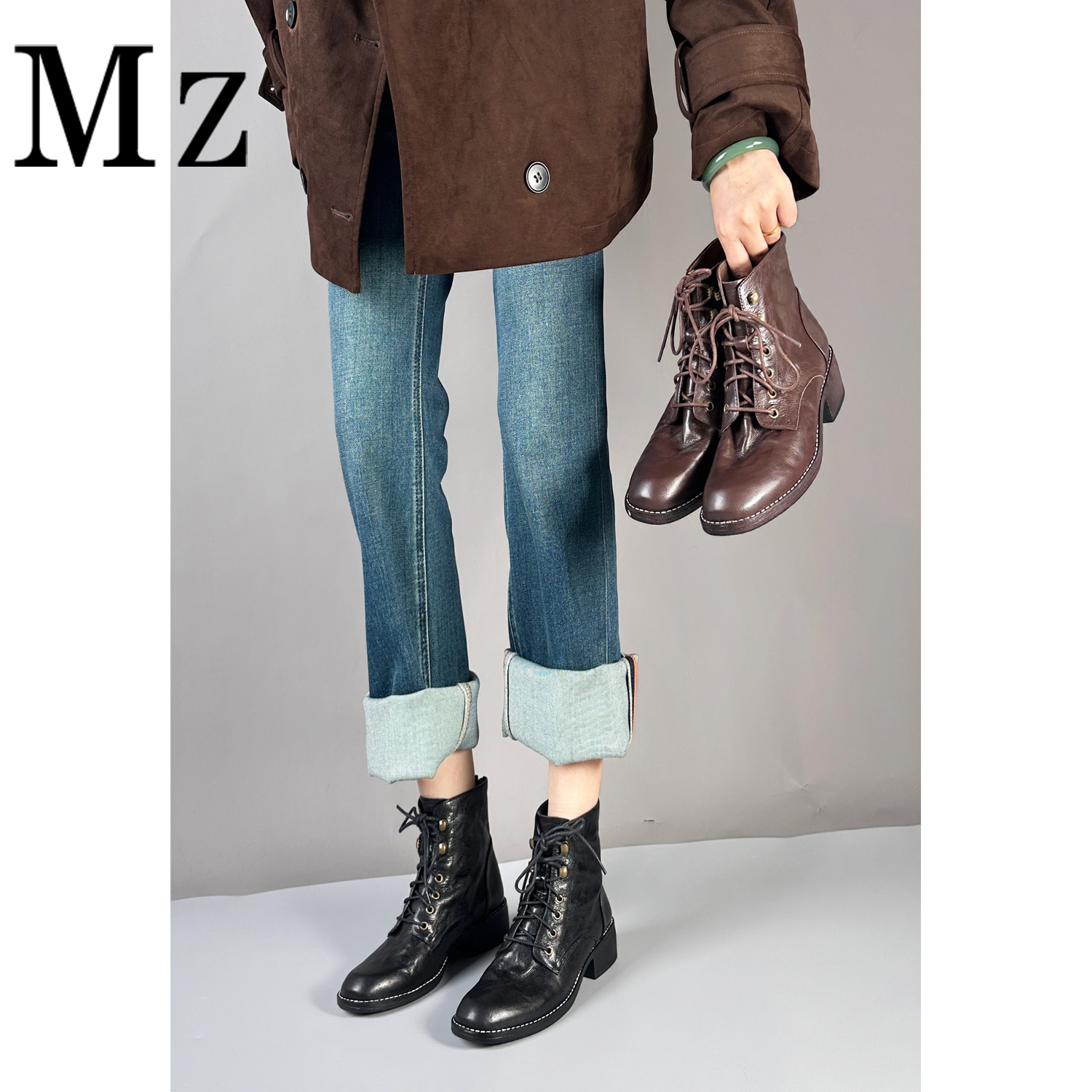 Mr.Zheng/4cm/圆头复古百搭真皮短靴女水洗头层牛皮系带马丁靴