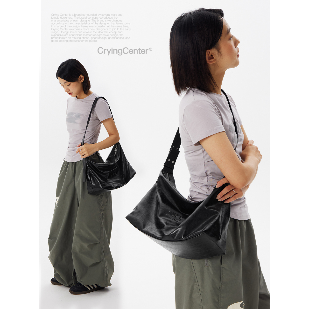 Crying center/哭喊中心黑色油蜡皮中号斜挎大容量通勤皮包