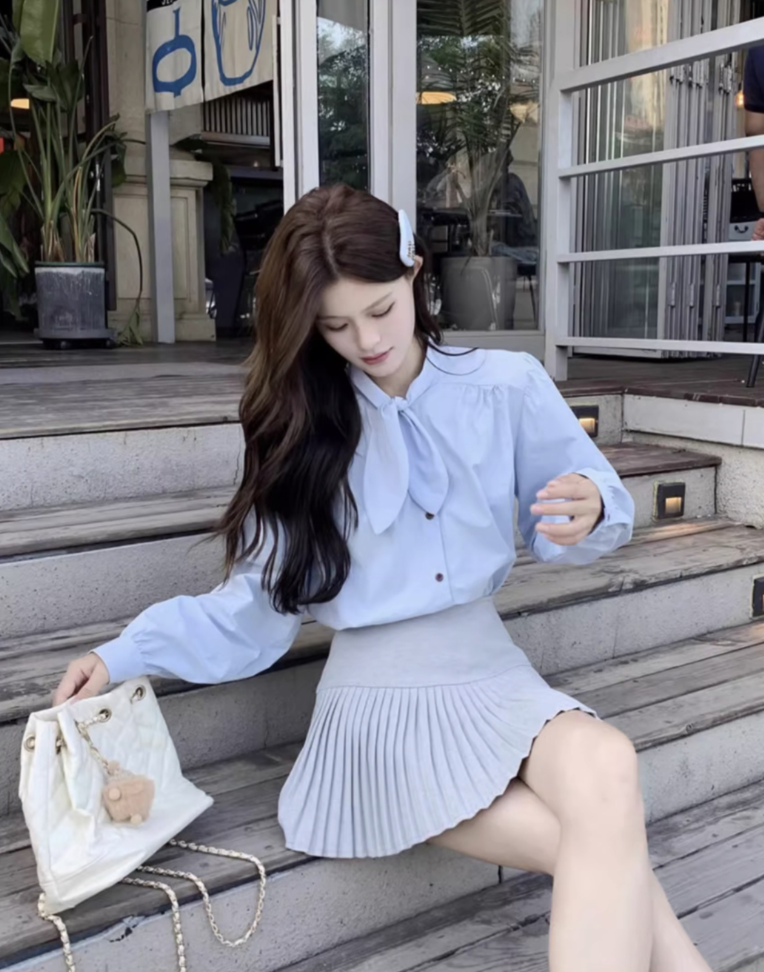 法式蝴蝶结设计感衣蓝色衬衫女2025秋季新款慵懒风宽松显瘦衬衣服