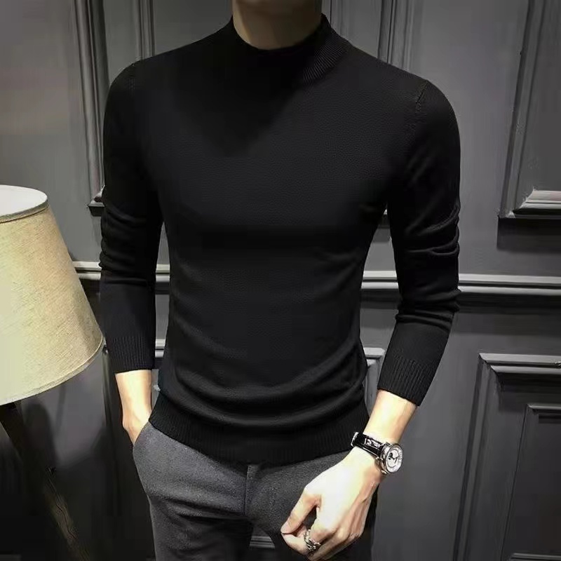 春秋毛衫黑色加绒加厚半高领毛衣韩版修身打底衫潮流百搭针织衫