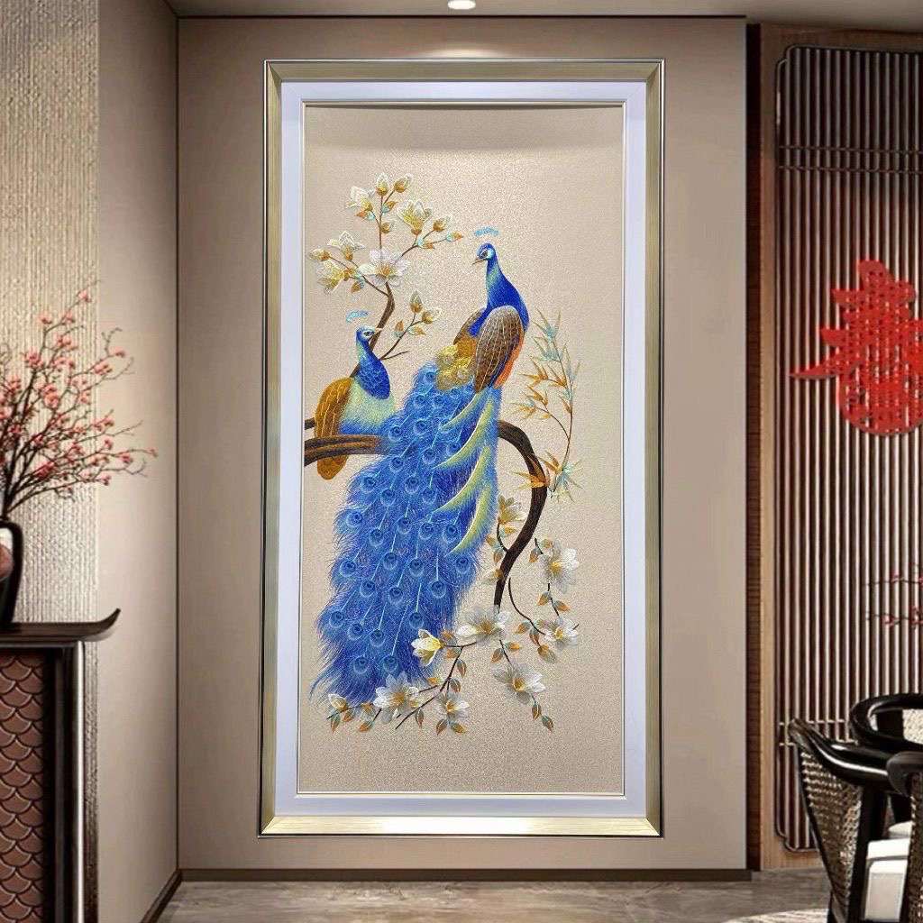 织锦玄关孔雀刺绣挂画客厅走廊简约过道苏绣装饰画新中式入户壁画