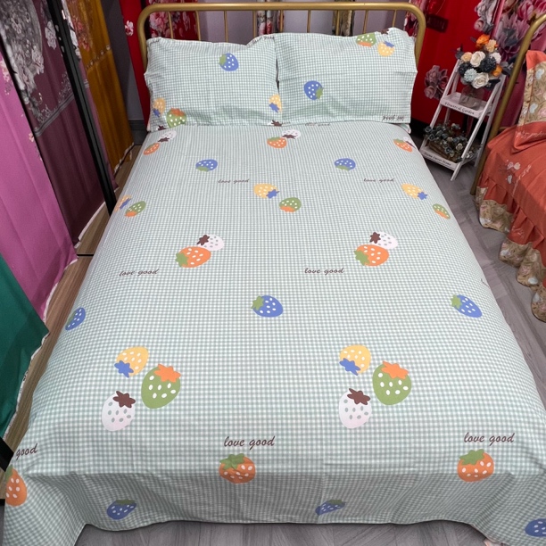 双经双纬加厚老粗布床单2.4*2（-+5cm）【草莓绿格子】 柔软舒适