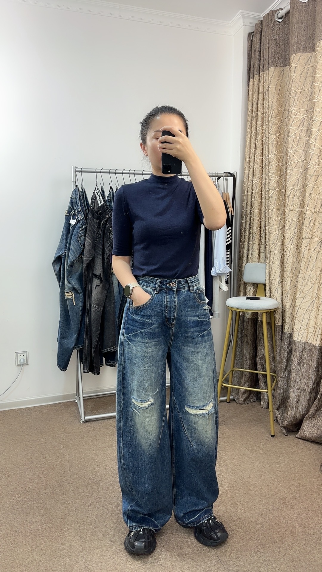 【狗蛋妈】秋冬季厚款水洗深蓝色弯刀裤百搭时尚街头风男友风牛仔裤