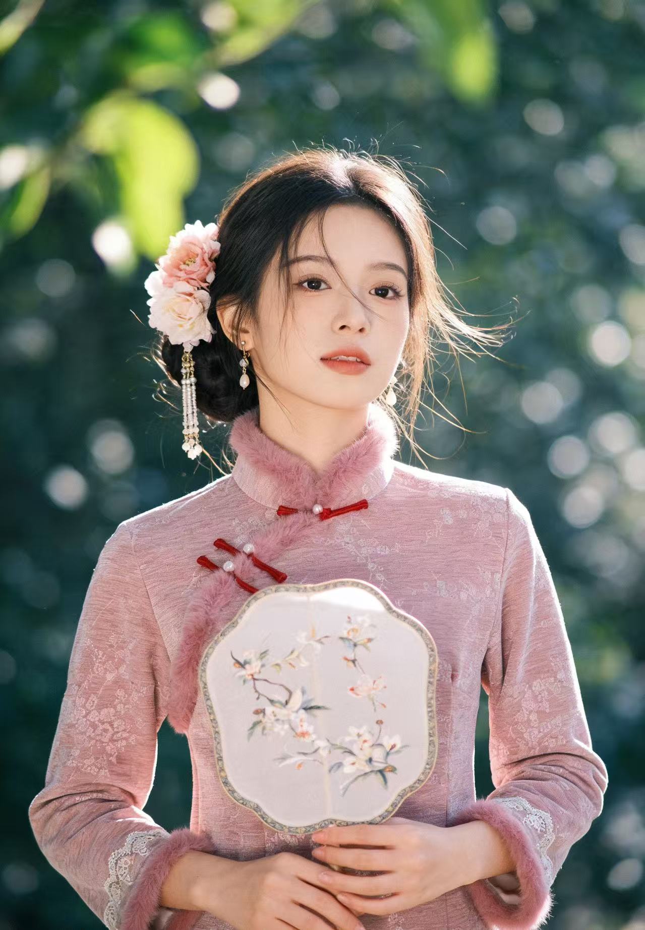 Z 1573 【粉梅】 粉色 梅花 袖口蕾丝加绒 旗袍