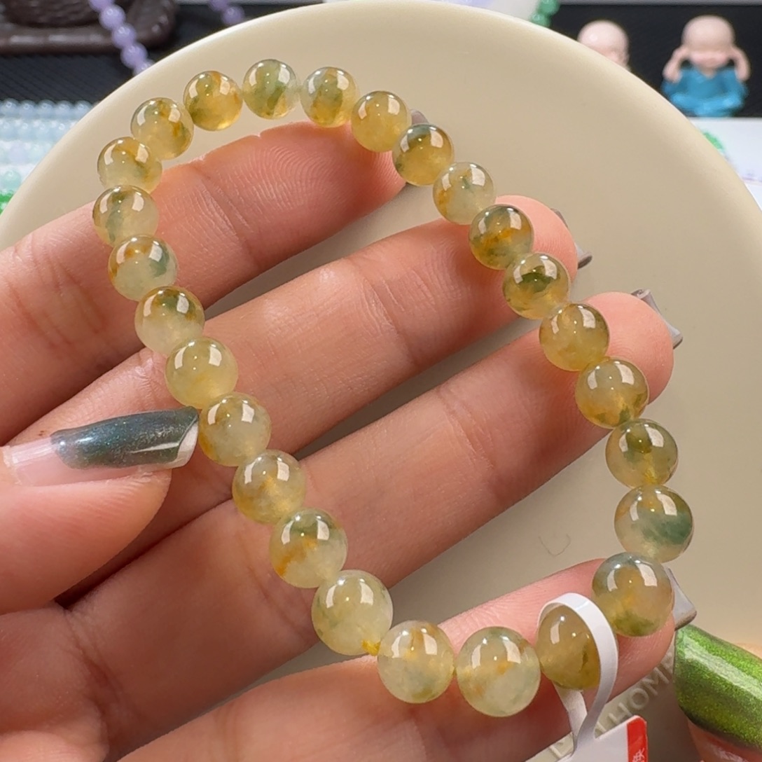 翡翠手链未镶嵌冰黄加绿手串卡6.8 国风！