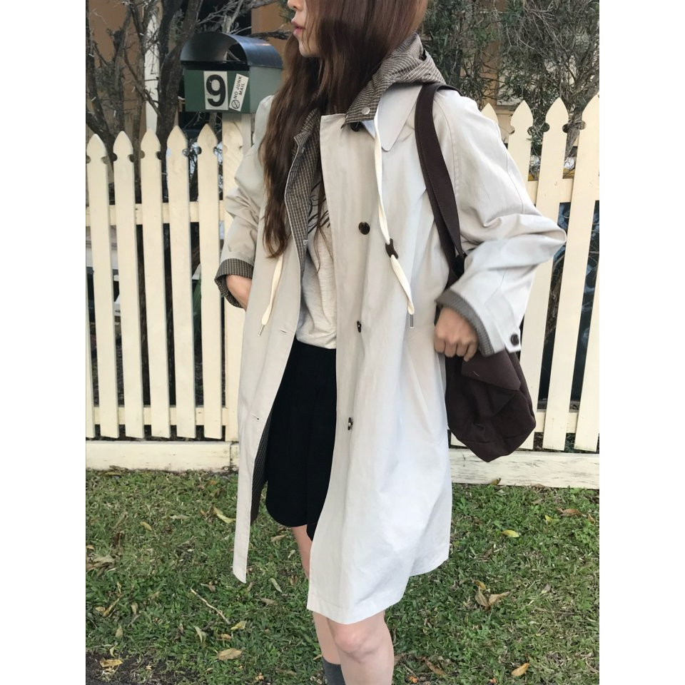 已出货 韩国chic秋季新款小众设计感正反两穿连帽风衣外套女